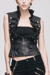 Gilet Punk pour Femme en Cuir Noir/Brun Grande Ouverture Poitrine Vague Main Frottée